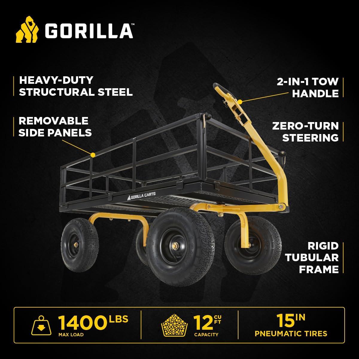 imageGorilla Carts GOR1400COM Steel Utility Garden Cart HeavyDuty Convertible 2in1 Handle and Removable Sides 12 cu ft 1400 lb Capacity BlackBlack