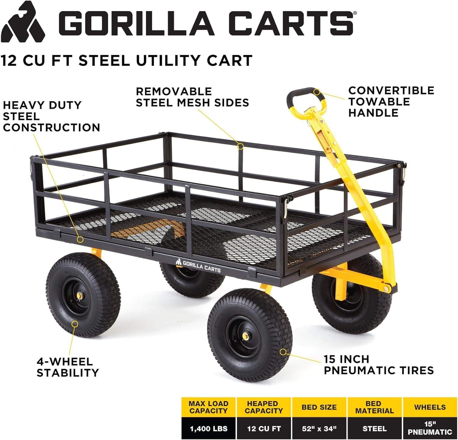 imageGorilla Carts GOR1400COM Steel Utility Garden Cart HeavyDuty Convertible 2in1 Handle and Removable Sides 12 cu ft 1400 lb Capacity BlackBlack