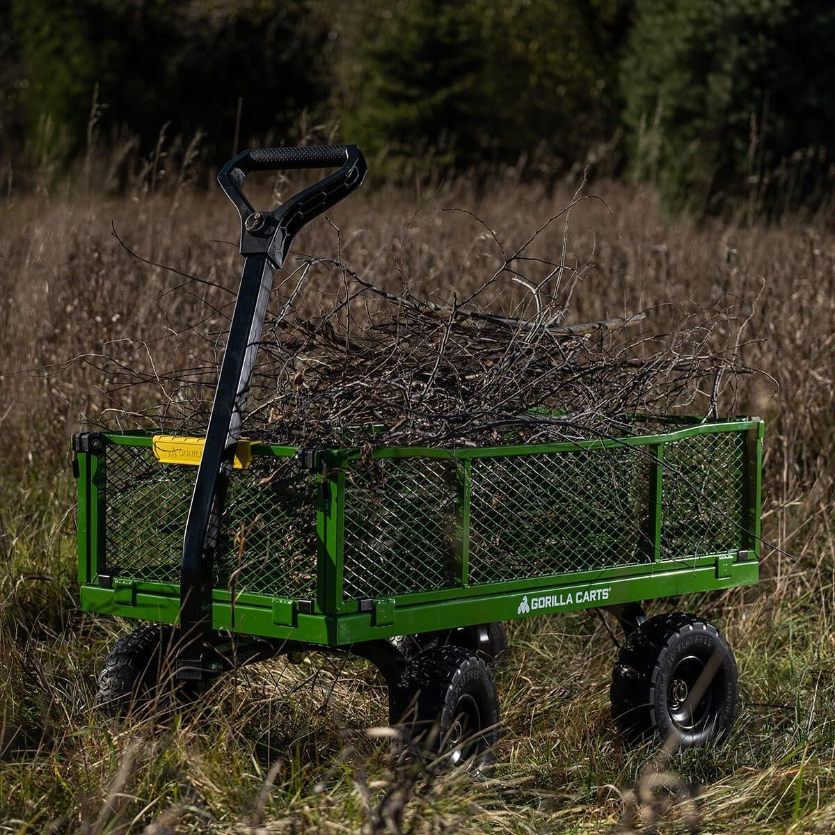 imageGorilla Carts GOR1400COM Steel Utility Garden Cart HeavyDuty Convertible 2in1 Handle and Removable Sides 12 cu ft 1400 lb Capacity BlackGreen No Flat Tires