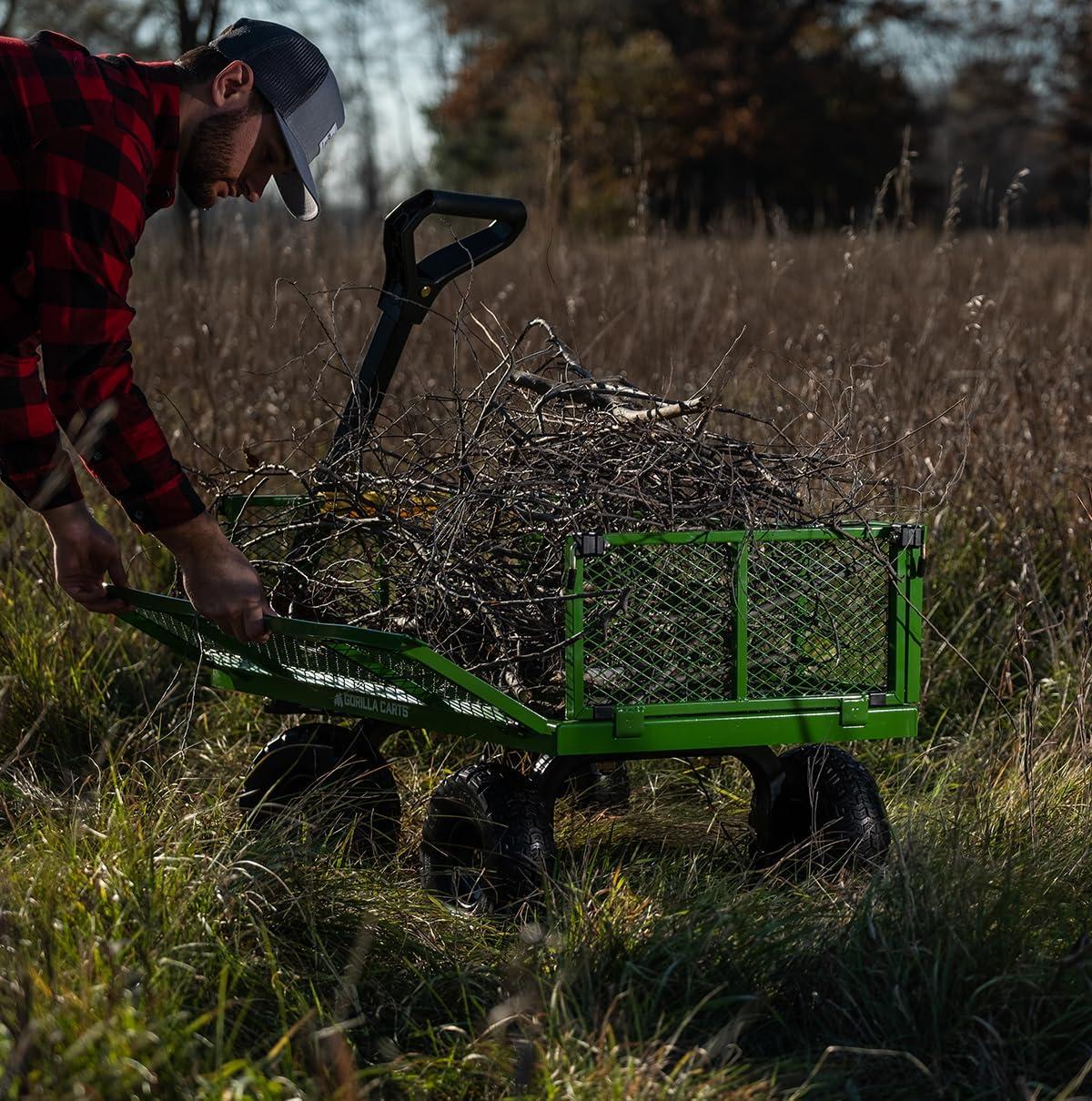 imageGorilla Carts GOR1400COM Steel Utility Garden Cart HeavyDuty Convertible 2in1 Handle and Removable Sides 12 cu ft 1400 lb Capacity BlackGreen No Flat Tires