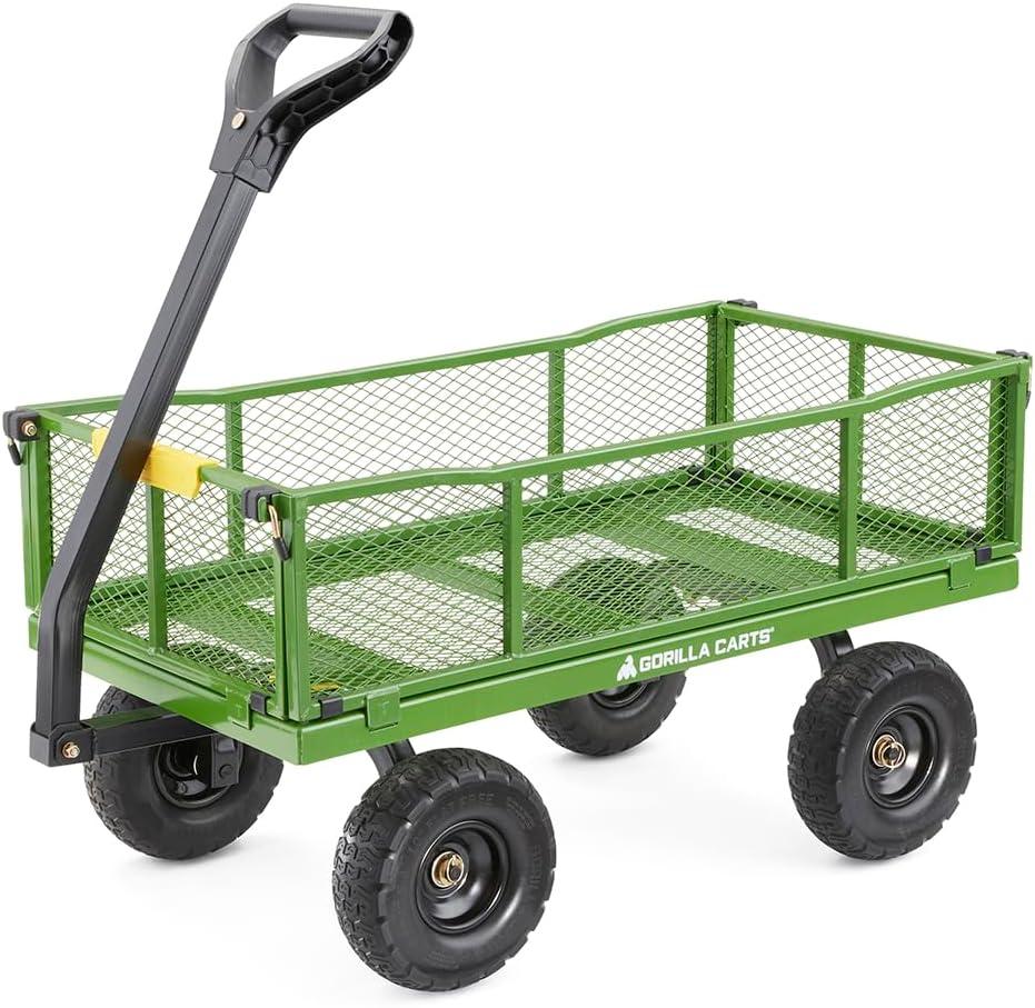 imageGorilla Carts GOR1400COM Steel Utility Garden Cart HeavyDuty Convertible 2in1 Handle and Removable Sides 12 cu ft 1400 lb Capacity BlackGreen No Flat Tires