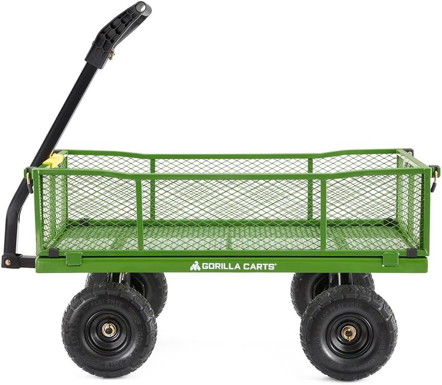 imageGorilla Carts GOR1400COM Steel Utility Garden Cart HeavyDuty Convertible 2in1 Handle and Removable Sides 12 cu ft 1400 lb Capacity BlackGreen No Flat Tires