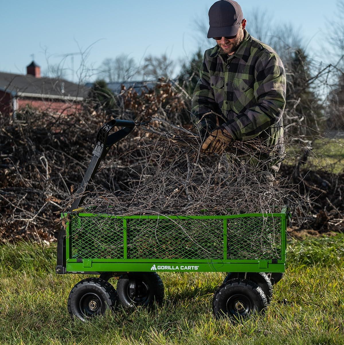 imageGorilla Carts GOR1400COM Steel Utility Garden Cart HeavyDuty Convertible 2in1 Handle and Removable Sides 12 cu ft 1400 lb Capacity BlackGreen No Flat Tires