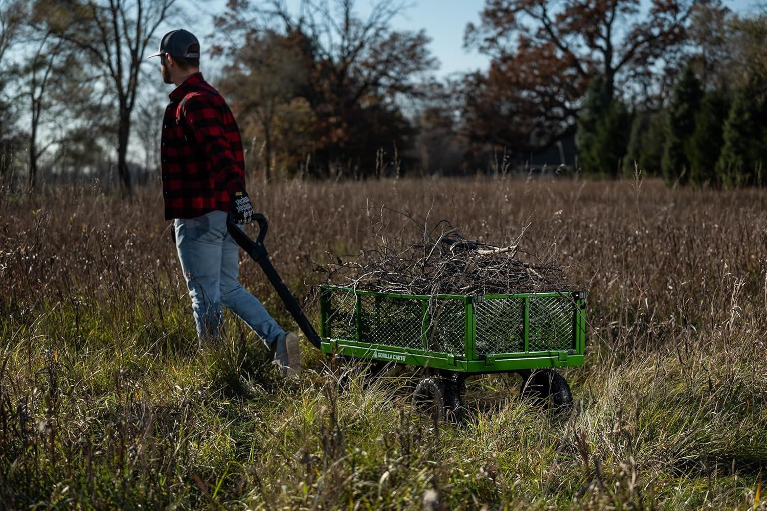 imageGorilla Carts GOR1400COM Steel Utility Garden Cart HeavyDuty Convertible 2in1 Handle and Removable Sides 12 cu ft 1400 lb Capacity BlackGreen No Flat Tires