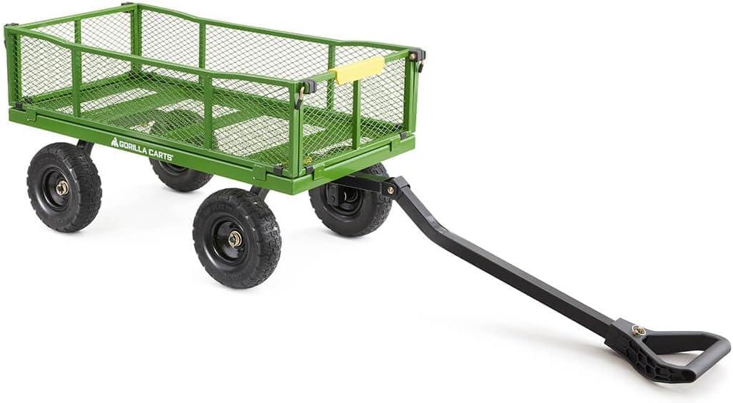 imageGorilla Carts GOR1400COM Steel Utility Garden Cart HeavyDuty Convertible 2in1 Handle and Removable Sides 12 cu ft 1400 lb Capacity BlackGreen No Flat Tires