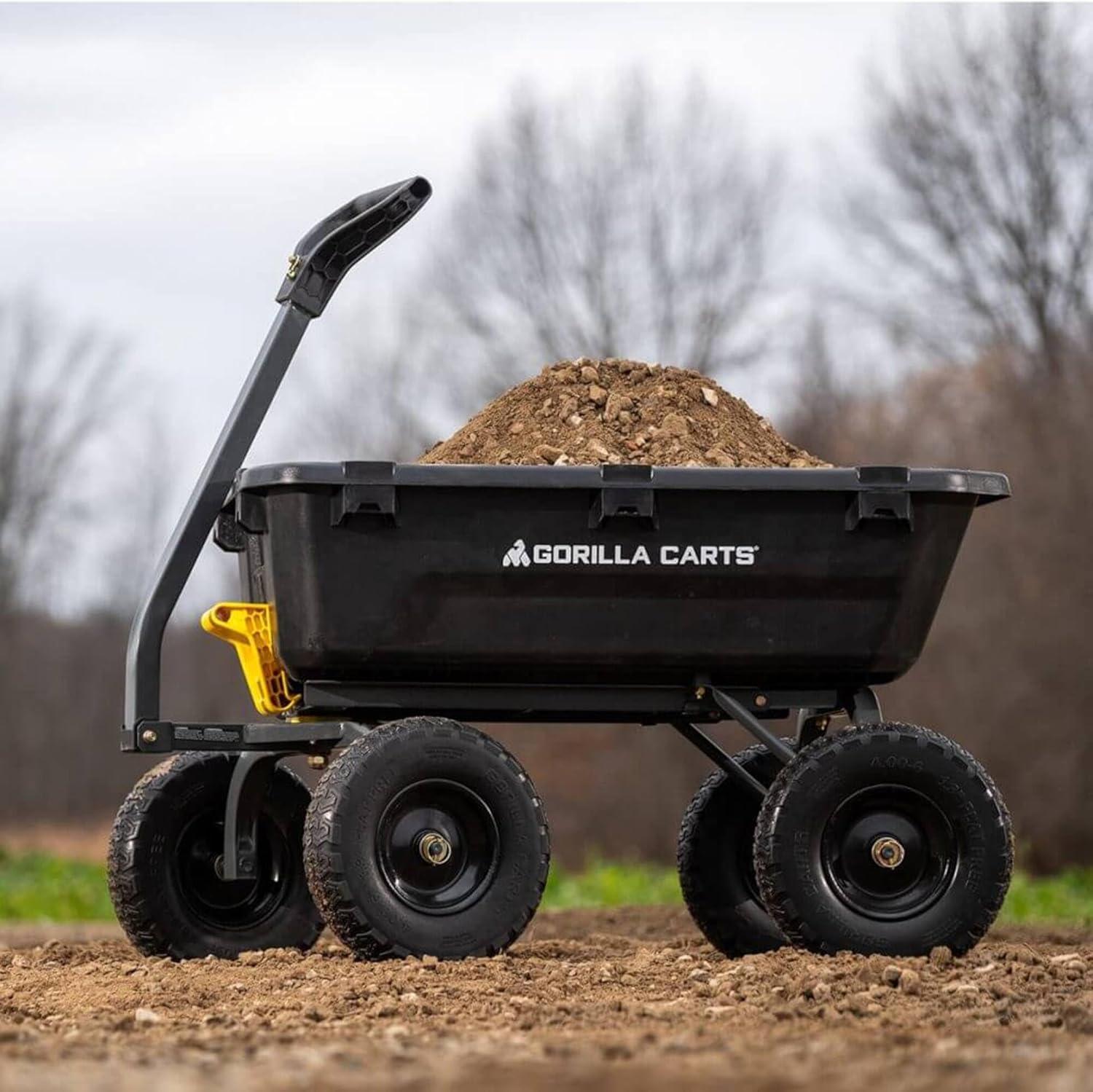 imageGorilla Carts HeavyDuty Dump Cart Patented QuickRelease Dumping Steel Frame 600 lb Capacity NoFlat 10Inch Tires Utility Wagon for Garden Yard Beach7Cubic Feet
