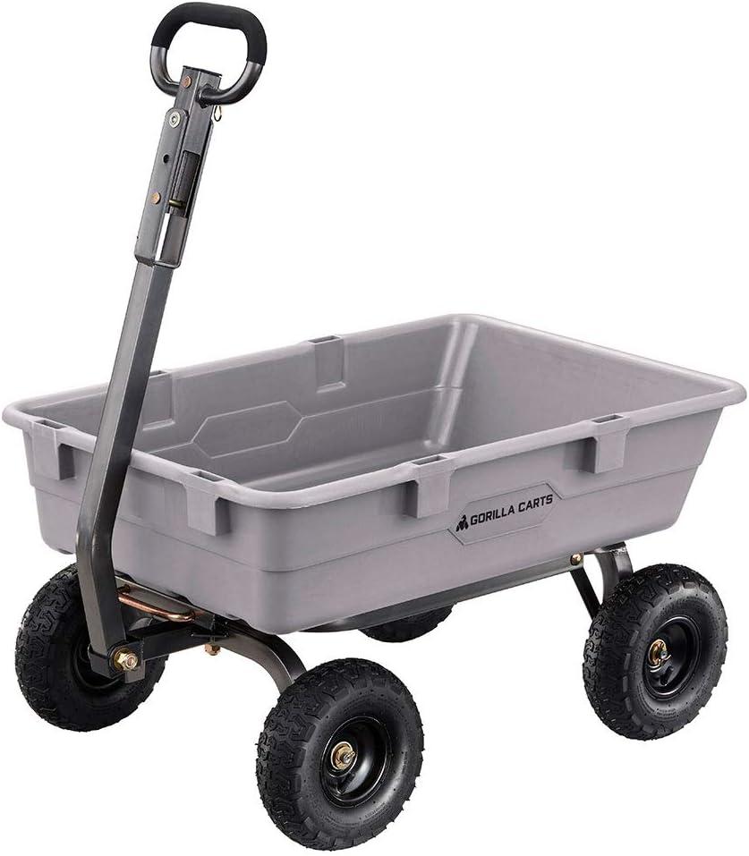 imageGorilla Carts Poly Garden Dump Cart 4 Cu Ft Tub 600 lb Haul Capacity Green  HeavyDuty Utility Wagon with QuickRelease Dumping ampamp Pneumatic Tires for Yard Landscaping and Gardening5Cubic Feet