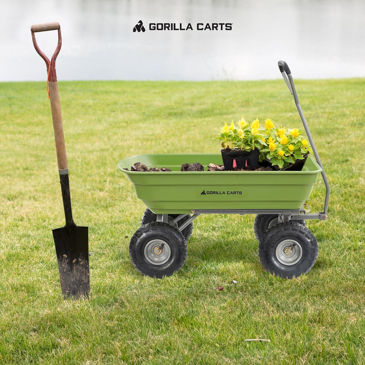 imageGorilla Carts Poly Garden Dump Cart 4 Cu Ft Tub 600 lb Haul Capacity Green  HeavyDuty Utility Wagon with QuickRelease Dumping ampamp Pneumatic Tires for Yard Landscaping and Gardening4Cubic Feet