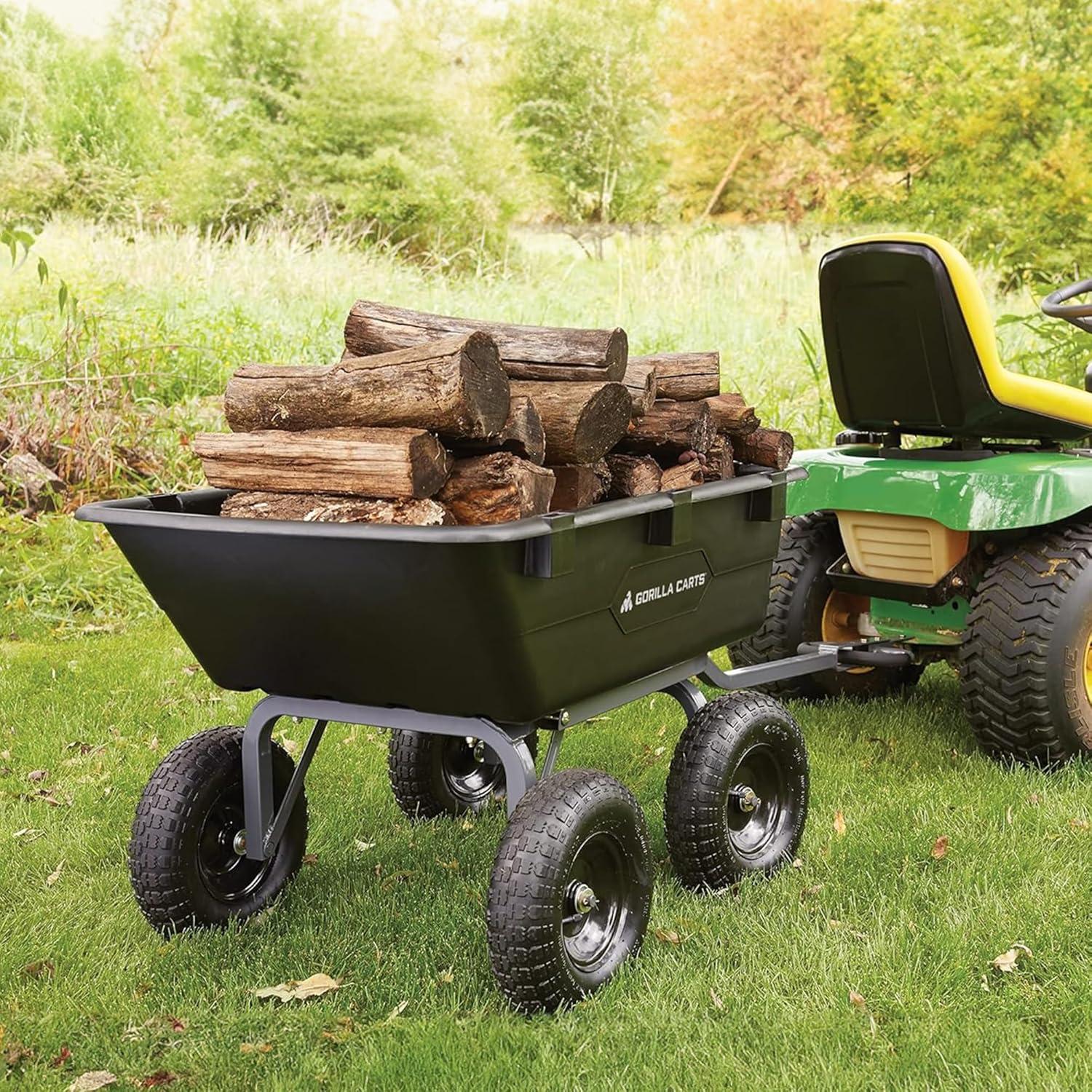 imageGorilla Carts Poly Garden Dump Cart 4 Cu Ft Tub 600 lb Haul Capacity Green  HeavyDuty Utility Wagon with QuickRelease Dumping ampamp Pneumatic Tires for Yard Landscaping and Gardening6Cubic Feet