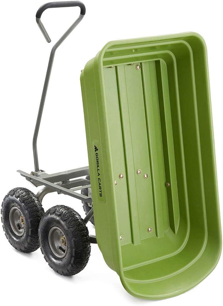 imageGorilla Carts Poly Garden Dump Cart 4 Cu Ft Tub 600 lb Haul Capacity Green  HeavyDuty Utility Wagon with QuickRelease Dumping ampamp Pneumatic Tires for Yard Landscaping and Gardening4Cubic Feet