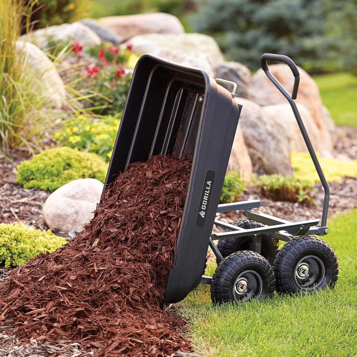 imageGorilla Carts Poly Garden Dump Cart 4 Cu Ft Tub 600 lb Haul Capacity Green  HeavyDuty Utility Wagon with QuickRelease Dumping ampamp Pneumatic Tires for Yard Landscaping and Gardening4Cubic Feet