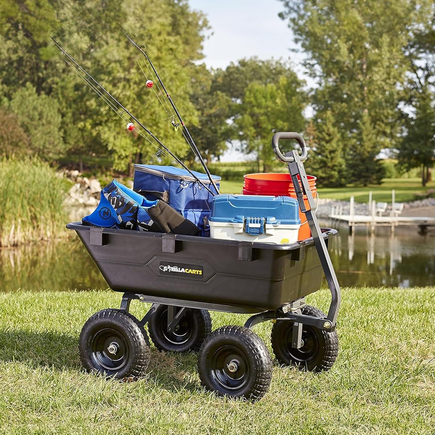 imageGorilla Carts Poly Garden Dump Cart 4 Cu Ft Tub 600 lb Haul Capacity Green  HeavyDuty Utility Wagon with QuickRelease Dumping ampamp Pneumatic Tires for Yard Landscaping and Gardening6Cubic Feet