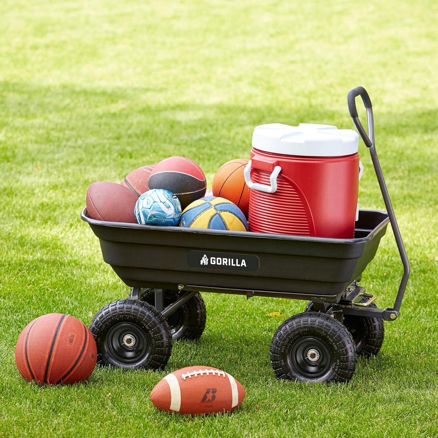 imageGorilla Carts Poly Garden Dump Cart 4 Cu Ft Tub 600 lb Haul Capacity Green  HeavyDuty Utility Wagon with QuickRelease Dumping ampamp Pneumatic Tires for Yard Landscaping and Gardening4Cubic Feet
