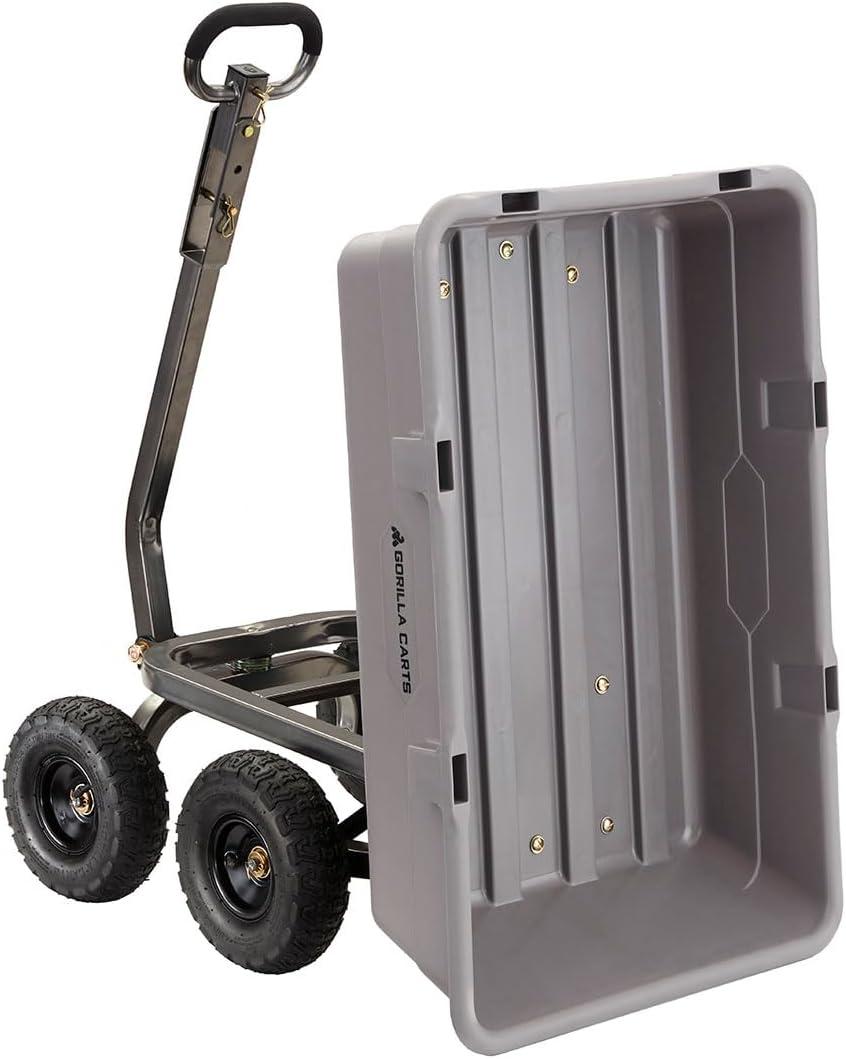 imageGorilla Carts Poly Garden Dump Cart 4 Cu Ft Tub 600 lb Haul Capacity Green  HeavyDuty Utility Wagon with QuickRelease Dumping ampamp Pneumatic Tires for Yard Landscaping and Gardening5Cubic Feet