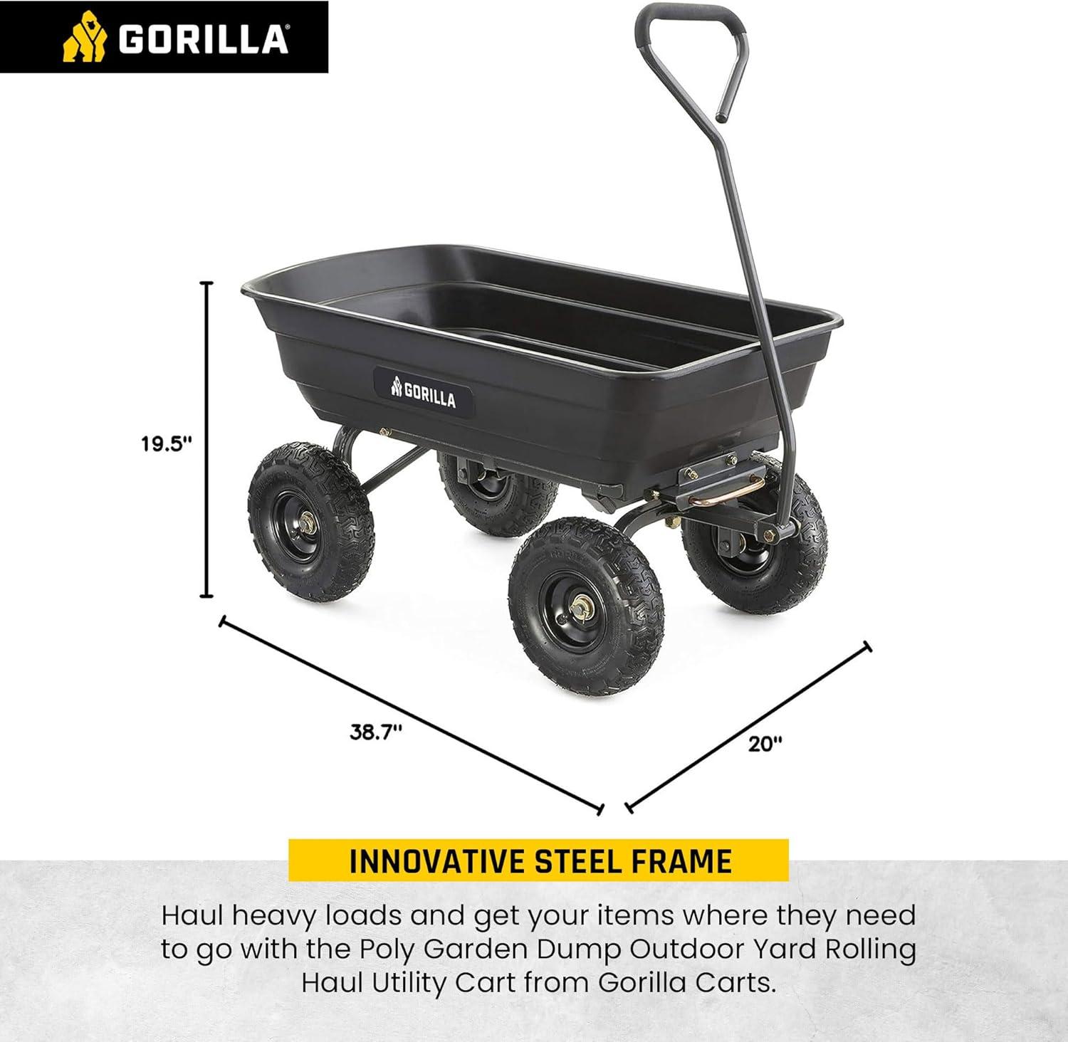 imageGorilla Carts Poly Garden Dump Cart 4 Cu Ft Tub 600 lb Haul Capacity Green  HeavyDuty Utility Wagon with QuickRelease Dumping ampamp Pneumatic Tires for Yard Landscaping and Gardening4Cubic Feet