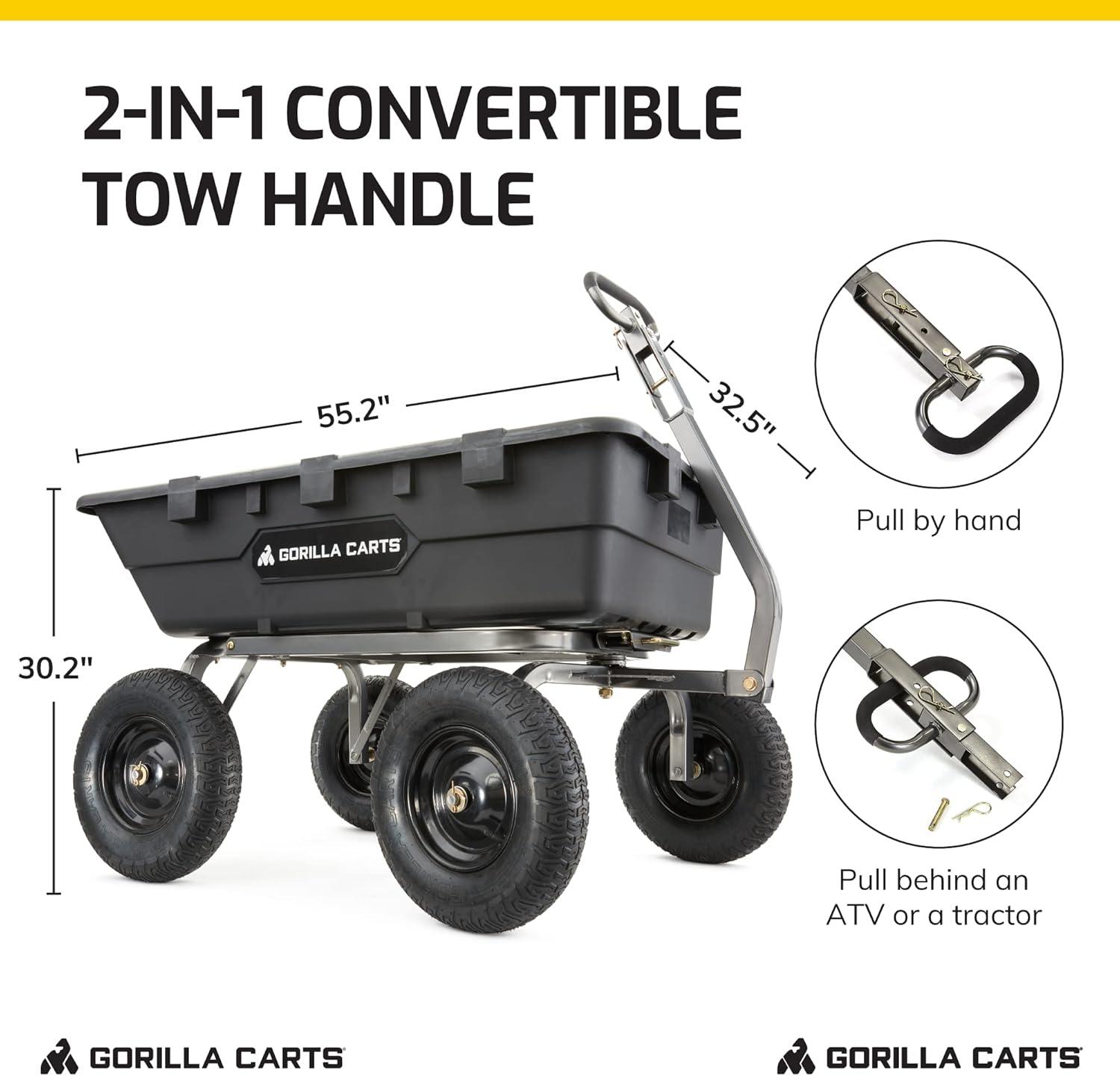 imageGorilla Carts Poly Garden Dump Cart 4 Cu Ft Tub 600 lb Haul Capacity Green  HeavyDuty Utility Wagon with QuickRelease Dumping ampamp Pneumatic Tires for Yard Landscaping and Gardening10Cubic Feet