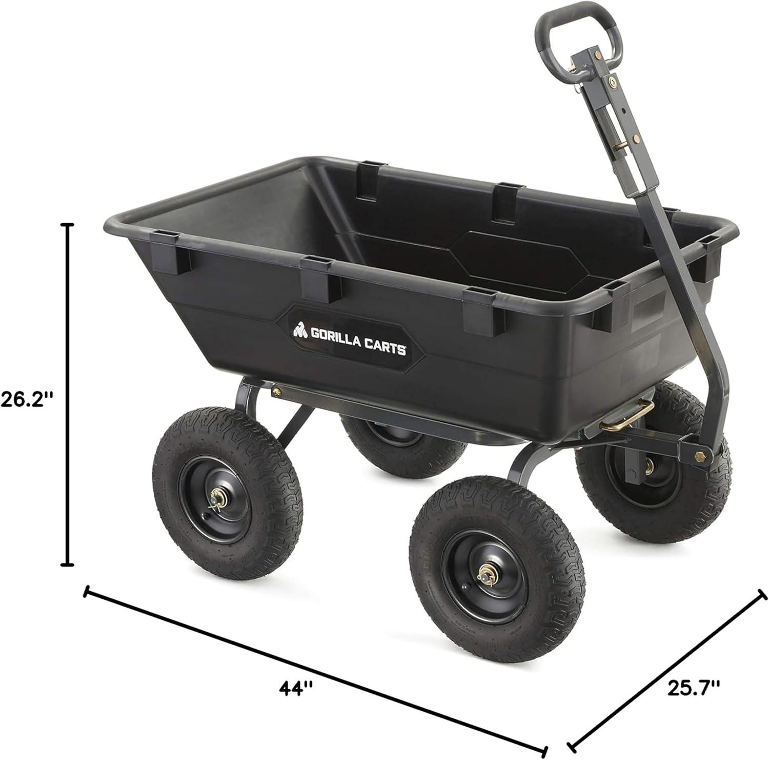 imageGorilla Carts Poly Garden Dump Cart 4 Cu Ft Tub 600 lb Haul Capacity Green  HeavyDuty Utility Wagon with QuickRelease Dumping ampamp Pneumatic Tires for Yard Landscaping and Gardening6Cubic Feet