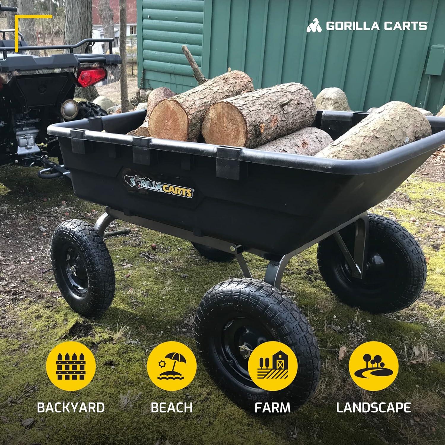 imageGorilla Carts Poly Garden Dump Cart 4 Cu Ft Tub 600 lb Haul Capacity Green  HeavyDuty Utility Wagon with QuickRelease Dumping ampamp Pneumatic Tires for Yard Landscaping and Gardening10Cubic Feet