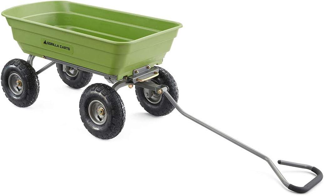 imageGorilla Carts Poly Garden Dump Cart 4 Cu Ft Tub 600 lb Haul Capacity Green  HeavyDuty Utility Wagon with QuickRelease Dumping ampamp Pneumatic Tires for Yard Landscaping and Gardening4Cubic Feet