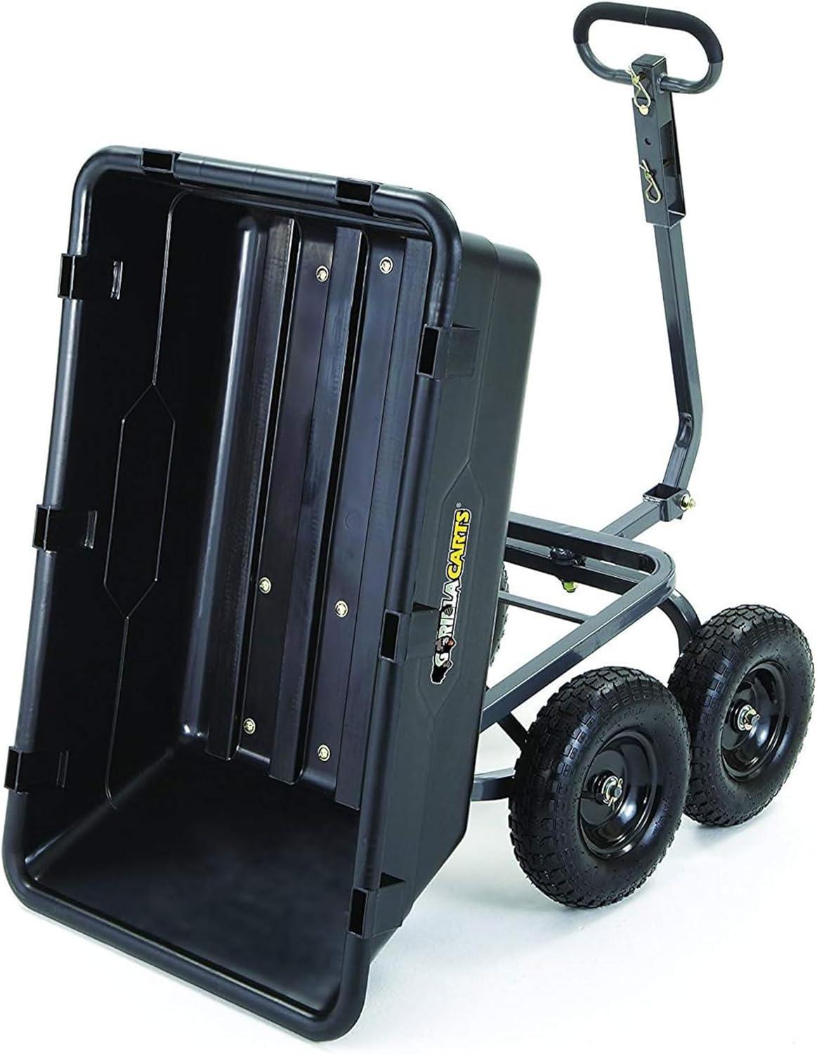imageGorilla Carts Poly Garden Dump Cart 4 Cu Ft Tub 600 lb Haul Capacity Green  HeavyDuty Utility Wagon with QuickRelease Dumping ampamp Pneumatic Tires for Yard Landscaping and Gardening6Cubic Feet