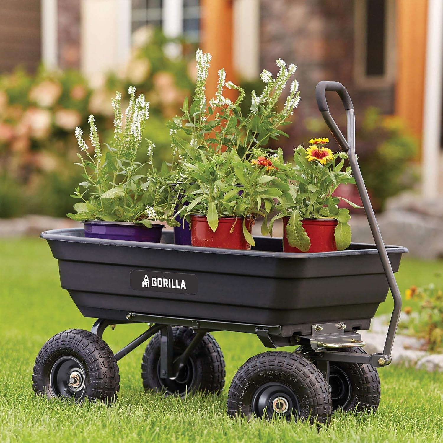 imageGorilla Carts Poly Garden Dump Cart 4 Cu Ft Tub 600 lb Haul Capacity Green  HeavyDuty Utility Wagon with QuickRelease Dumping ampamp Pneumatic Tires for Yard Landscaping and Gardening4Cubic Feet