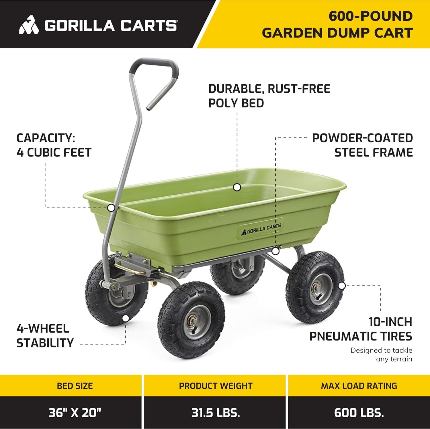 imageGorilla Carts Poly Garden Dump Cart 4 Cu Ft Tub 600 lb Haul Capacity Green  HeavyDuty Utility Wagon with QuickRelease Dumping ampamp Pneumatic Tires for Yard Landscaping and Gardening4Cubic Feet