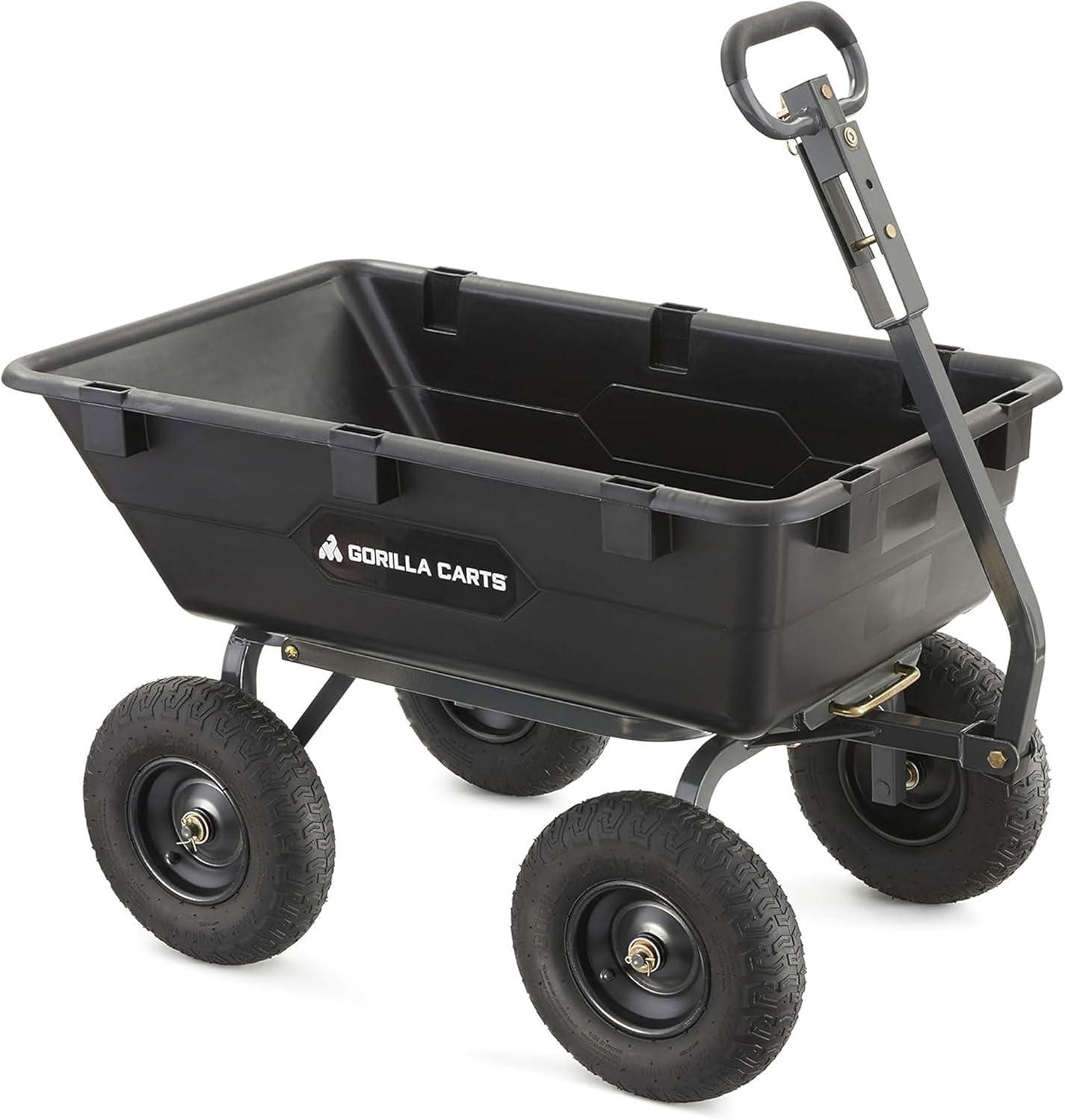 imageGorilla Carts Poly Garden Dump Cart 4 Cu Ft Tub 600 lb Haul Capacity Green  HeavyDuty Utility Wagon with QuickRelease Dumping ampamp Pneumatic Tires for Yard Landscaping and Gardening6Cubic Feet