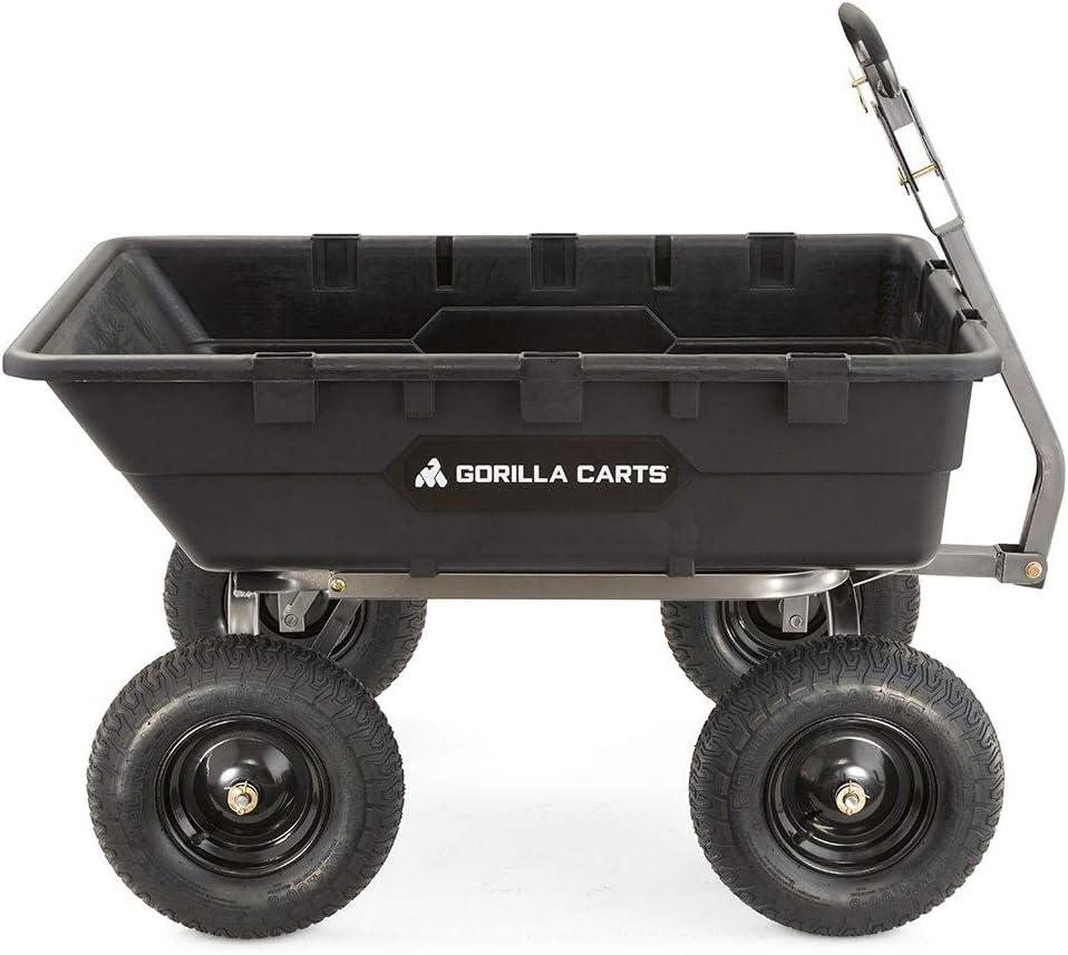 imageGorilla Carts Poly Garden Dump Cart 4 Cu Ft Tub 600 lb Haul Capacity Green  HeavyDuty Utility Wagon with QuickRelease Dumping ampamp Pneumatic Tires for Yard Landscaping and Gardening10Cubic Feet
