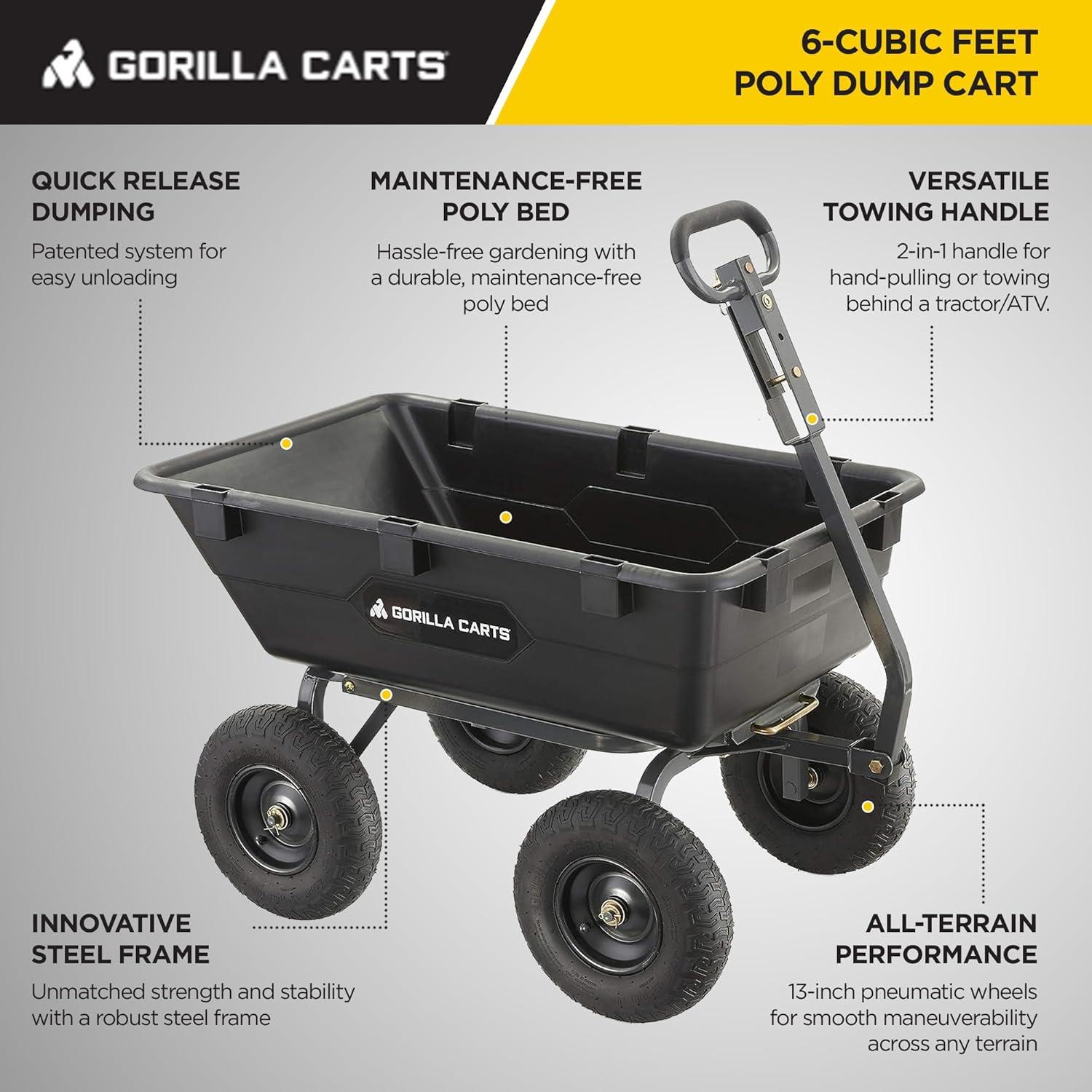 imageGorilla Carts Poly Garden Dump Cart 4 Cu Ft Tub 600 lb Haul Capacity Green  HeavyDuty Utility Wagon with QuickRelease Dumping ampamp Pneumatic Tires for Yard Landscaping and Gardening6Cubic Feet