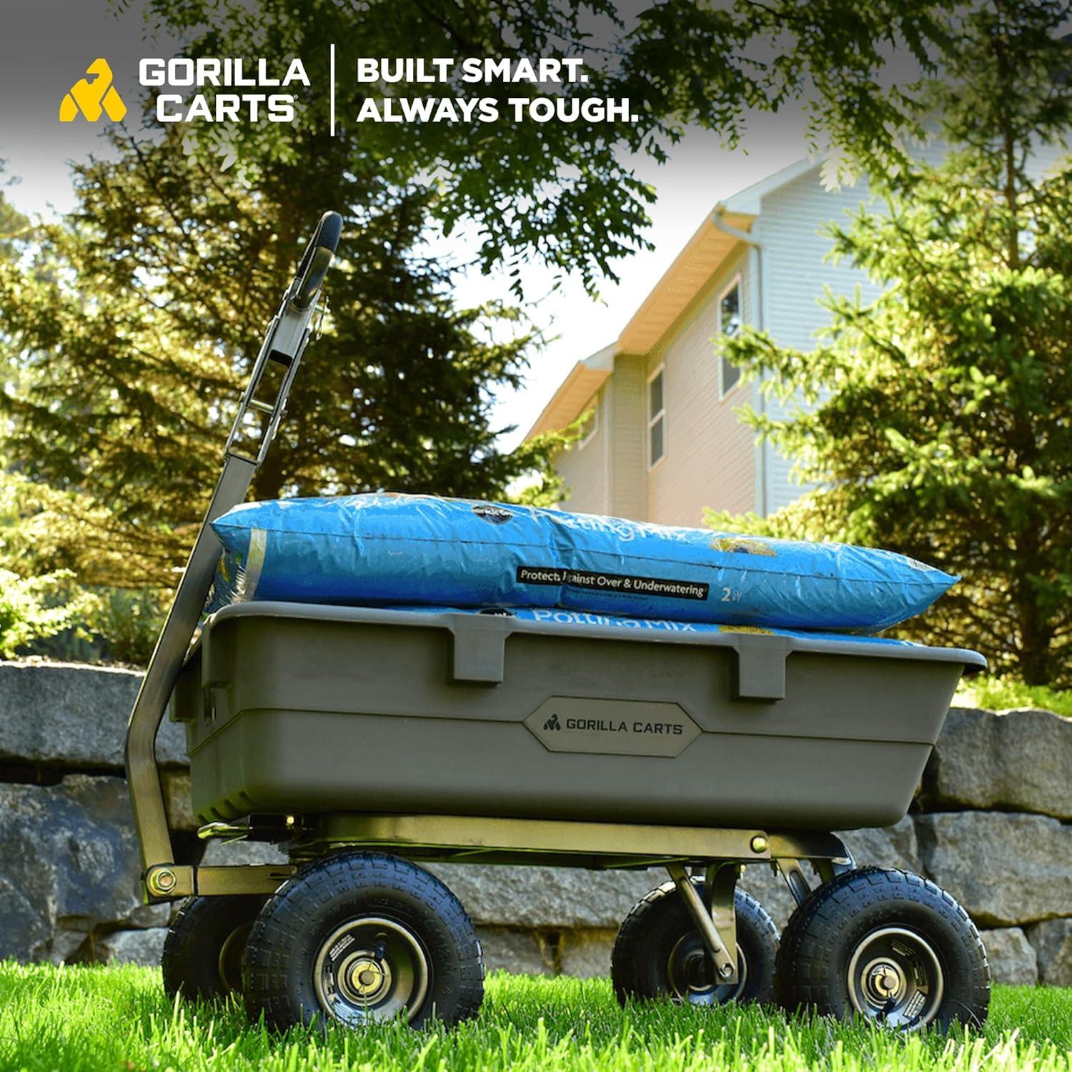 imageGorilla Carts Poly Garden Dump Cart 4 Cu Ft Tub 600 lb Haul Capacity Green  HeavyDuty Utility Wagon with QuickRelease Dumping ampamp Pneumatic Tires for Yard Landscaping and Gardening5Cubic Feet