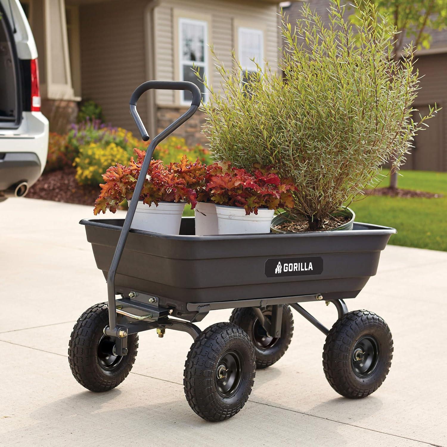 imageGorilla Carts Poly Garden Dump Cart 4 Cu Ft Tub 600 lb Haul Capacity Green  HeavyDuty Utility Wagon with QuickRelease Dumping ampamp Pneumatic Tires for Yard Landscaping and Gardening4Cubic Feet