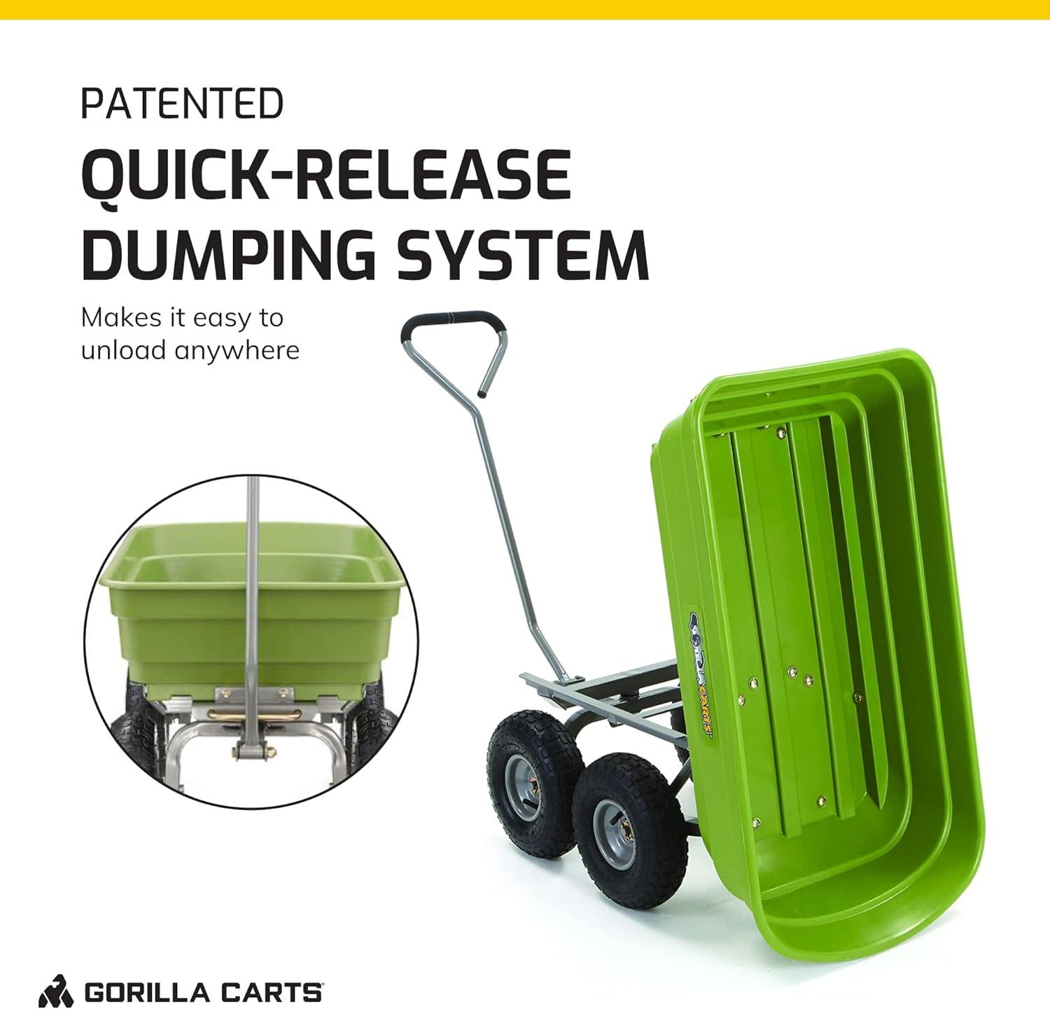 imageGorilla Carts Poly Garden Dump Cart 4 Cu Ft Tub 600 lb Haul Capacity Green  HeavyDuty Utility Wagon with QuickRelease Dumping ampamp Pneumatic Tires for Yard Landscaping and Gardening4Cubic Feet