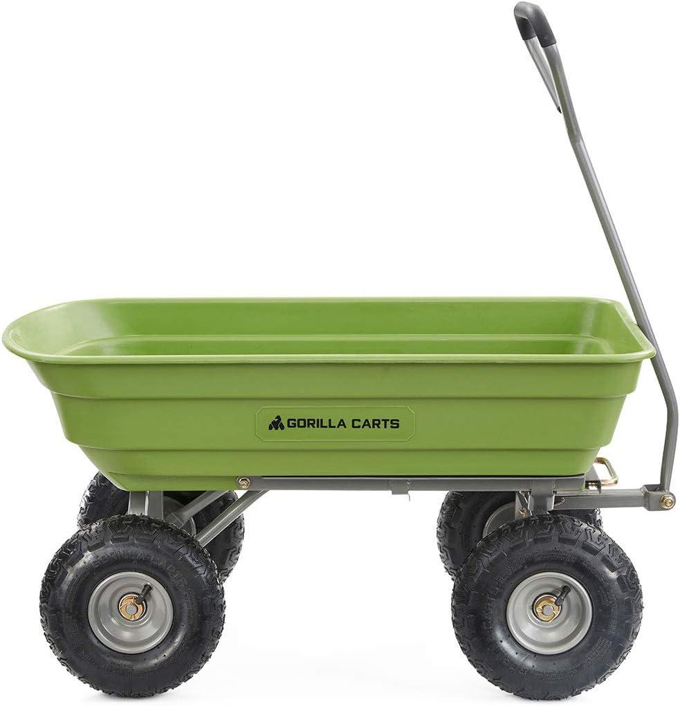 imageGorilla Carts Poly Garden Dump Cart 4 Cu Ft Tub 600 lb Haul Capacity Green  HeavyDuty Utility Wagon with QuickRelease Dumping ampamp Pneumatic Tires for Yard Landscaping and Gardening4Cubic Feet