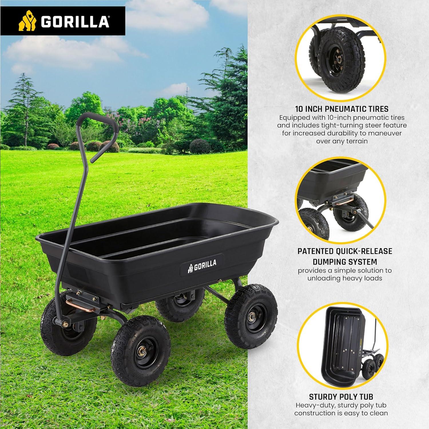 imageGorilla Carts Poly Garden Dump Cart 4 Cu Ft Tub 600 lb Haul Capacity Green  HeavyDuty Utility Wagon with QuickRelease Dumping ampamp Pneumatic Tires for Yard Landscaping and Gardening4Cubic Feet