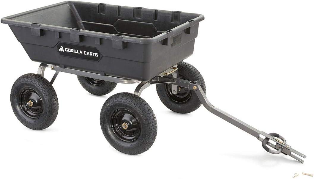 imageGorilla Carts Poly Garden Dump Cart 4 Cu Ft Tub 600 lb Haul Capacity Green  HeavyDuty Utility Wagon with QuickRelease Dumping ampamp Pneumatic Tires for Yard Landscaping and Gardening10Cubic Feet