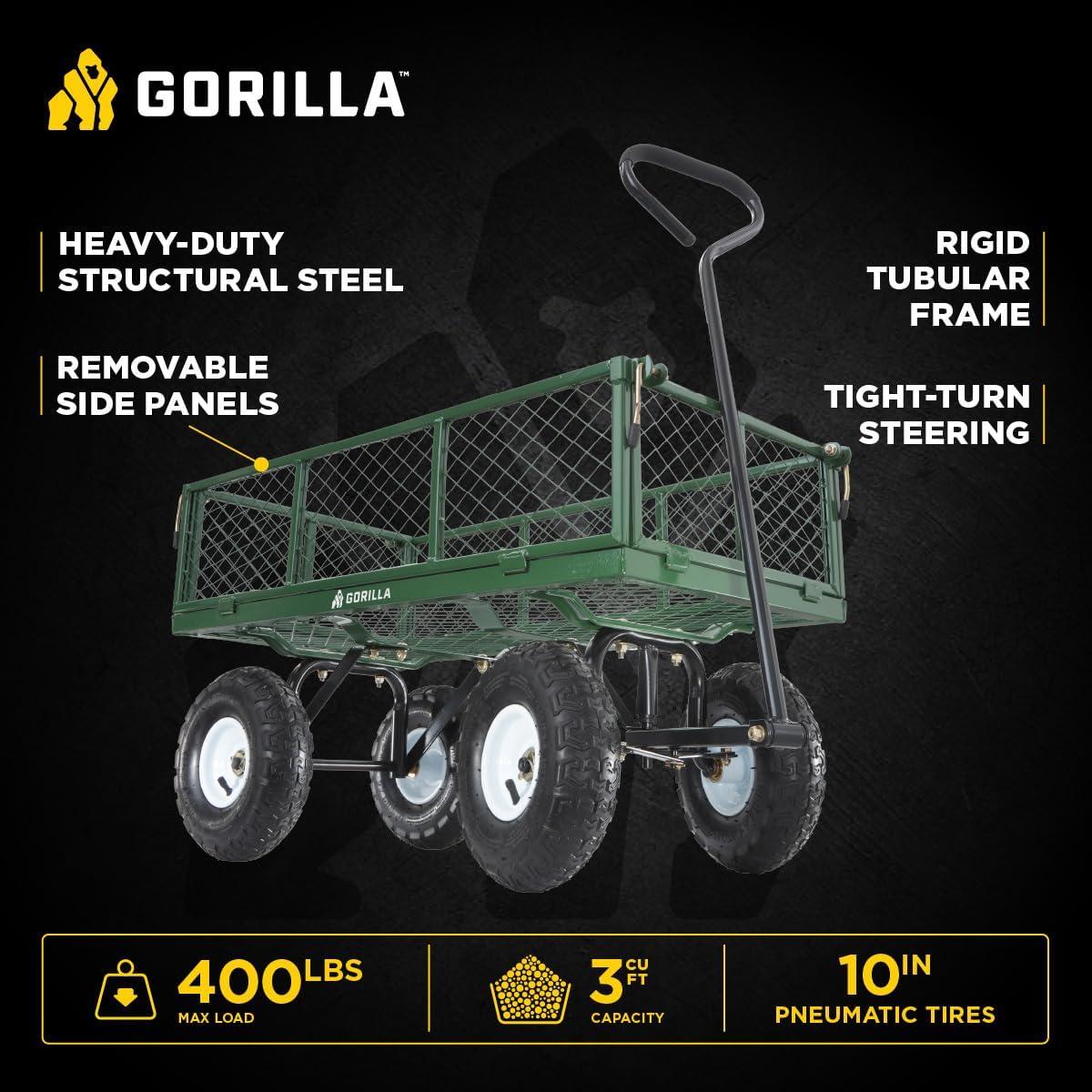 imageGorilla Carts Steel Utility Cart 9 Cu Ft Bed 1200 lb Load Capacity Black  Towable HeavyDuty Outdoor Hauling Wagon with Removable Side Panels for Yard Lawn Garden or LandscapingGreen