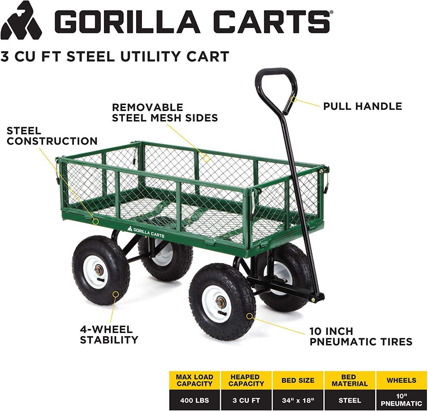 imageGorilla Carts Steel Utility Cart 9 Cu Ft Bed 1200 lb Load Capacity Black  Towable HeavyDuty Outdoor Hauling Wagon with Removable Side Panels for Yard Lawn Garden or LandscapingGreen