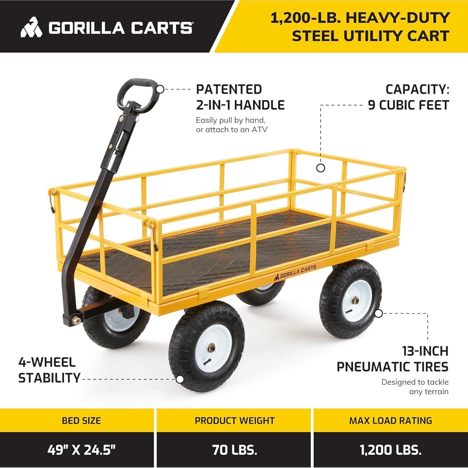 imageGorilla Carts Steel Utility Cart 9 Cu Ft Bed 1200 lb Load Capacity Black  Towable HeavyDuty Outdoor Hauling Wagon with Removable Side Panels for Yard Lawn Garden or LandscapingYellow