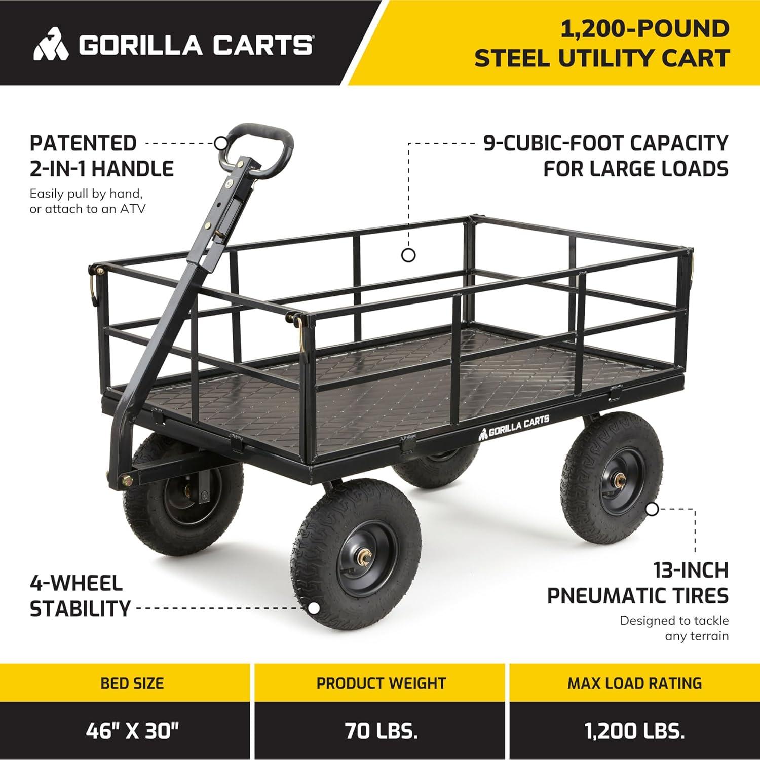 imageGorilla Carts Steel Utility Cart 9 Cu Ft Bed 1200 lb Load Capacity Black  Towable HeavyDuty Outdoor Hauling Wagon with Removable Side Panels for Yard Lawn Garden or LandscapingBlack