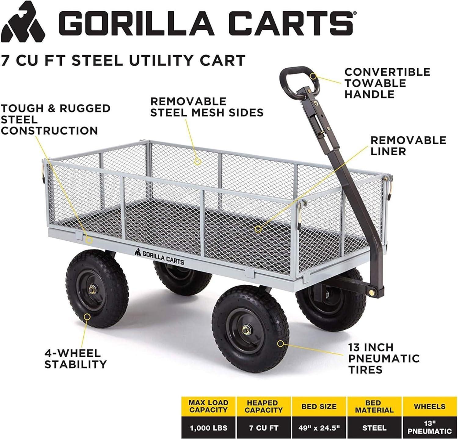 imageGorilla Carts Steel Utility Cart 9 Cu Ft Bed 1200 lb Load Capacity Black  Towable HeavyDuty Outdoor Hauling Wagon with Removable Side Panels for Yard Lawn Garden or LandscapingGray