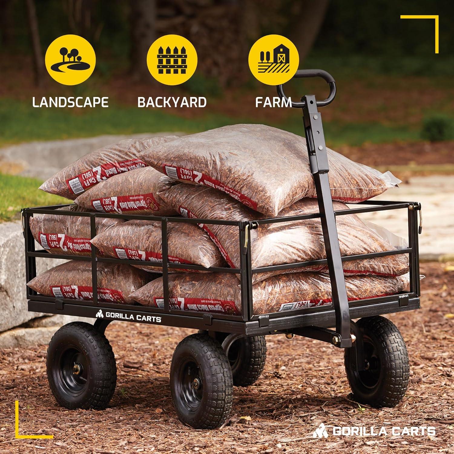 imageGorilla Carts Steel Utility Cart 9 Cu Ft Bed 1200 lb Load Capacity Black  Towable HeavyDuty Outdoor Hauling Wagon with Removable Side Panels for Yard Lawn Garden or LandscapingBlack