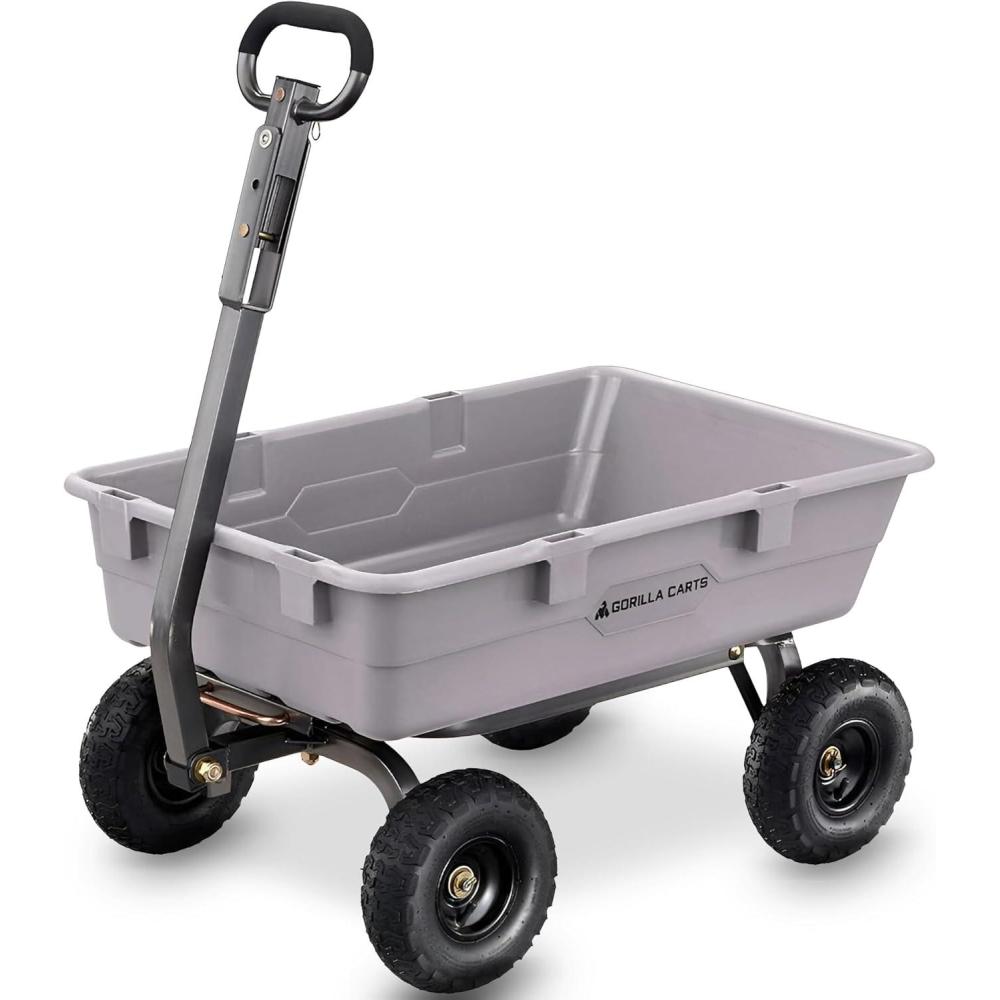 imageGorilla Carts Poly Garden Dump Cart 4 Cu Ft Tub 600 lb Haul Capacity Green  HeavyDuty Utility Wagon with QuickRelease Dumping ampamp Pneumatic Tires for Yard Landscaping and Gardening5Cubic Feet