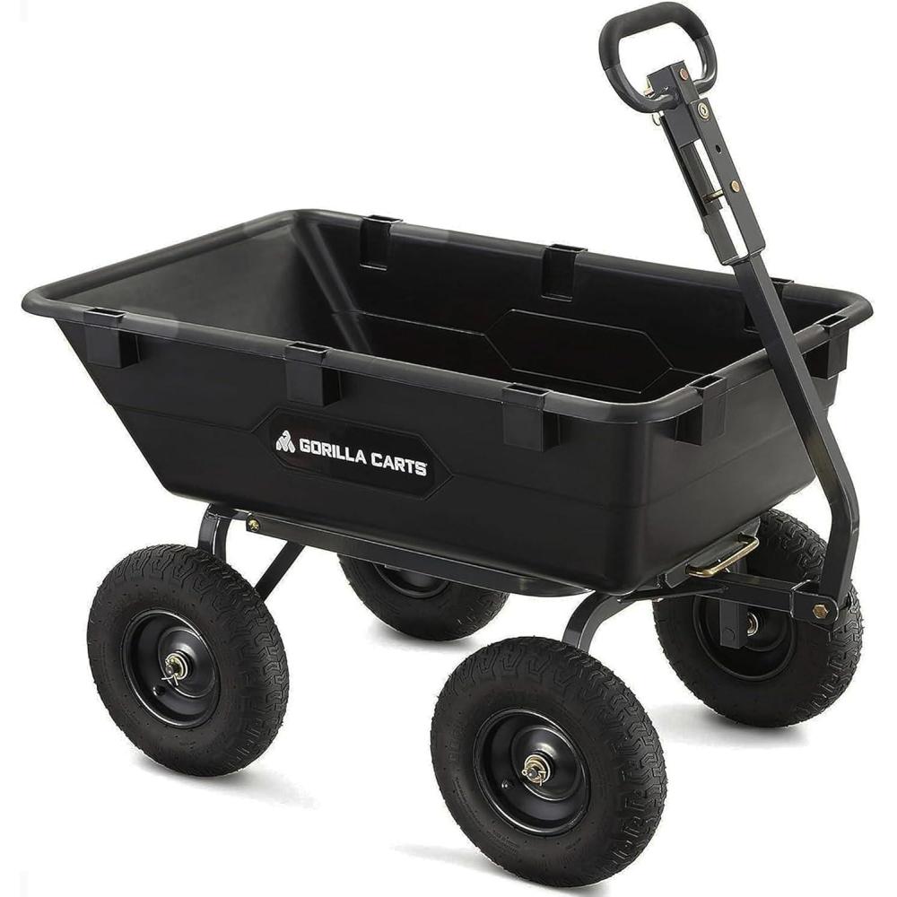 imageGorilla Carts Poly Garden Dump Cart 4 Cu Ft Tub 600 lb Haul Capacity Green  HeavyDuty Utility Wagon with QuickRelease Dumping ampamp Pneumatic Tires for Yard Landscaping and Gardening6Cubic Feet
