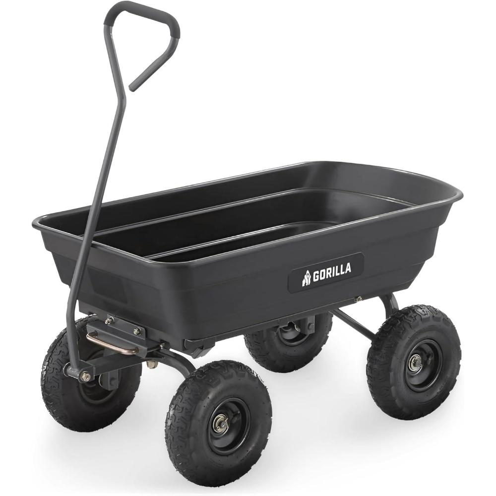 imageGorilla Carts Poly Garden Dump Cart 4 Cu Ft Tub 600 lb Haul Capacity Green  HeavyDuty Utility Wagon with QuickRelease Dumping ampamp Pneumatic Tires for Yard Landscaping and Gardening4Cubic Feet