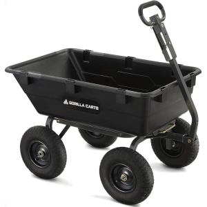 imageGorilla Carts Poly Garden Dump Cart 4 Cu Ft Tub 600 lb Haul Capacity Green  HeavyDuty Utility Wagon with QuickRelease Dumping ampamp Pneumatic Tires for Yard Landscaping and Gardening6Cubic Feet